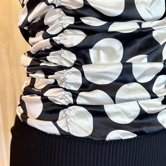 Vintage Bebe Women's Small Black and White Polka Dot Silky Ruched Tank Top 2000s - Picture 2 of 8